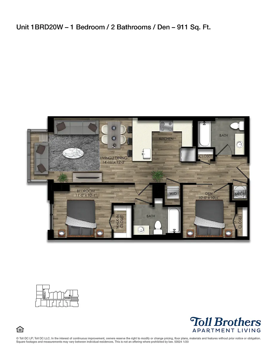Floor plan 1 Bed/2 Bath Den-20W