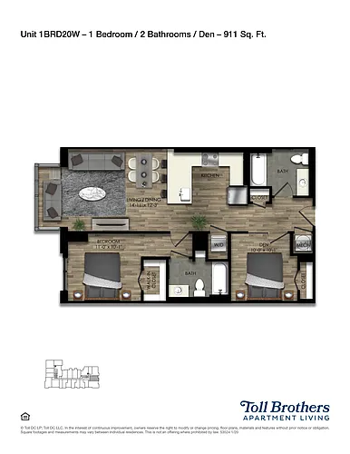 Floor plan 1 Bed/2 Bath Den-20W