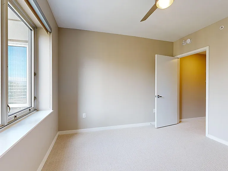Spacious apartment bedroom with large closet and plush carpet flooring.