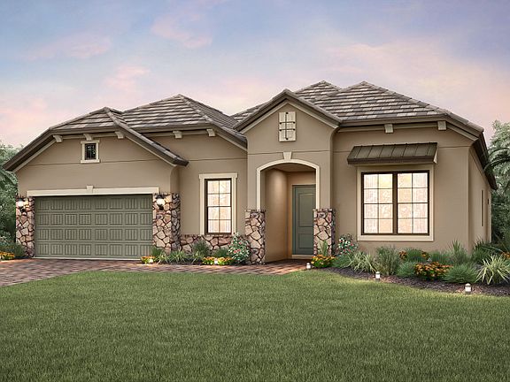 The Stonewater, a one-story family home with loft option and a 2 car garage, shown with Home Exterio