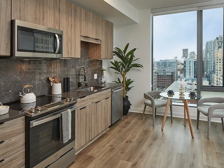 Apartment kitchen with stainless steel appliances, quartz countertops and wood-style flooring.