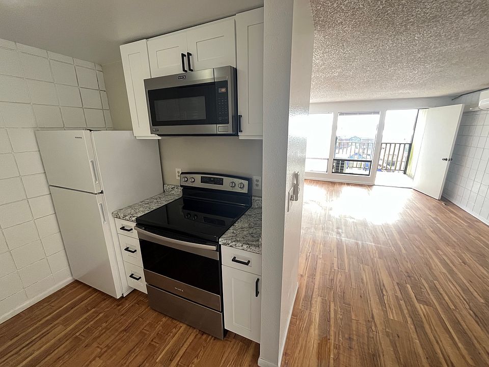 Newly renovated kitchen leading into large living area.