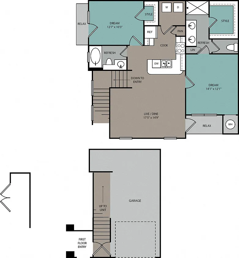 Floor plan THB1U 2B Upper Townhome 1C Garage