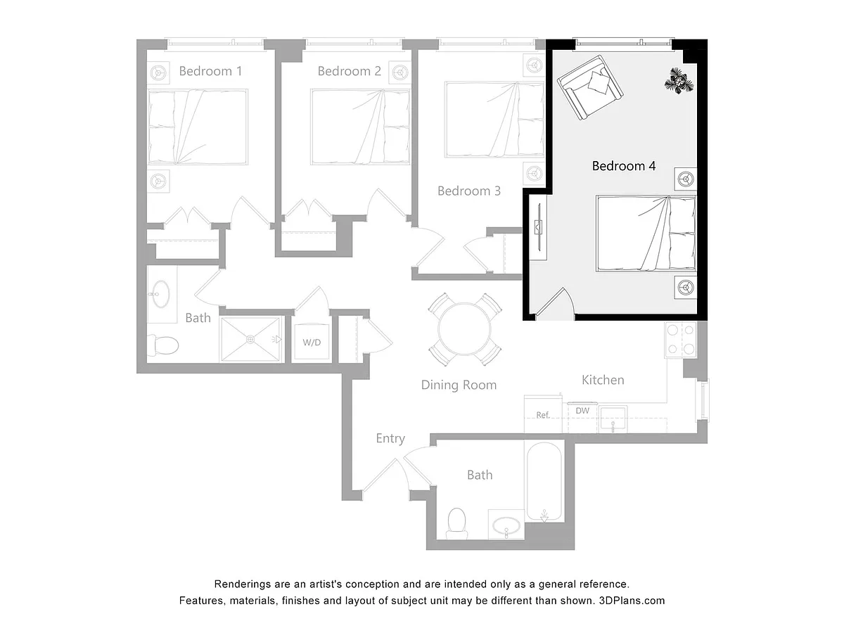 Floor plan Furnished Room in a 4 Bedroom 2 Bathroom (A4)