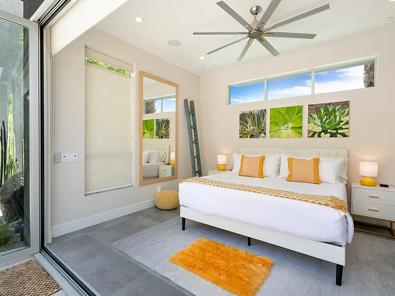 Casita with doors open to the backyard.