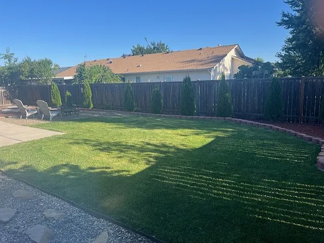 Backyard partly grass with automatic sprinklers...