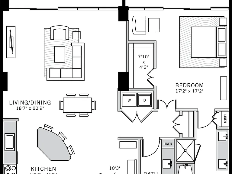 2 bedroom 2 bath apartment with patio, dining area, kitchen island and 1237 sq ft