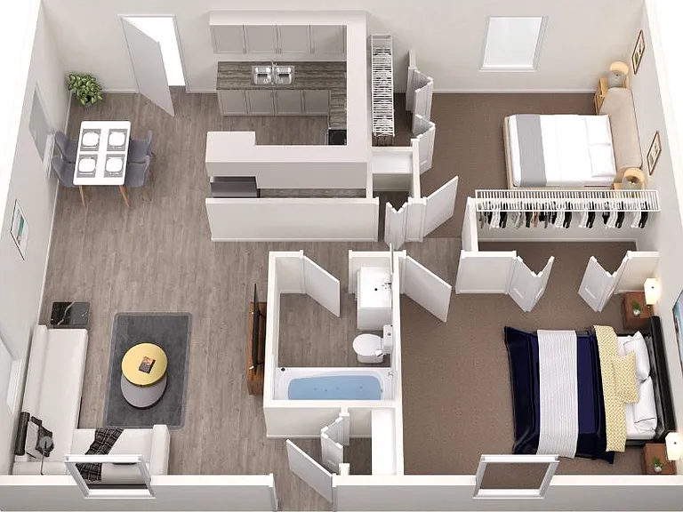 Step into this elegant apartment layout, boasting two cozy bedrooms and an inviting open living space. Step into this elegant apartment layout, boasting two cozy bedrooms and an inviting open living space.
