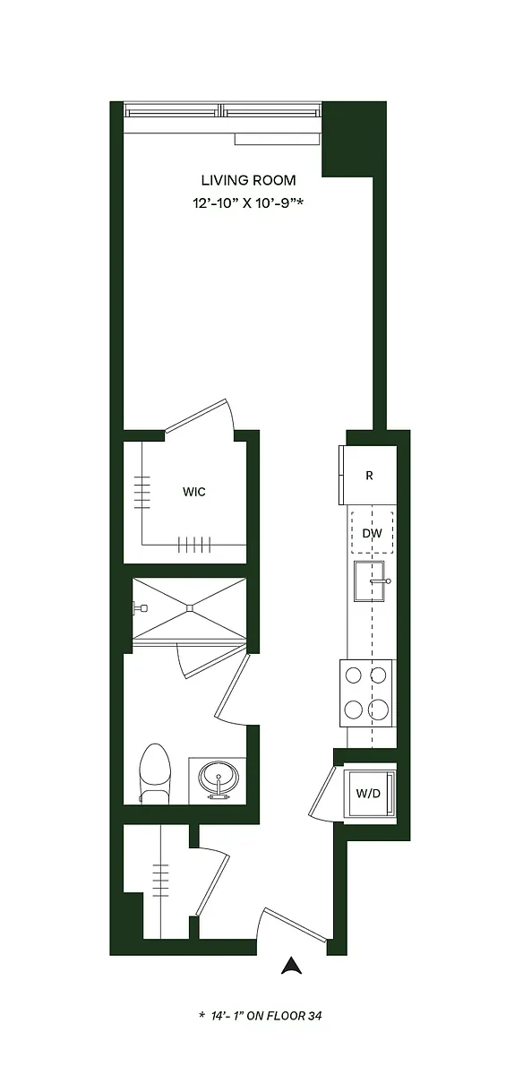 Floor plan Residence 04 - South: Studio 1BA (Floors 13-43 and
