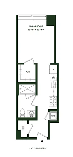 Floor plan Residence 04 - South: Studio 1BA (Floors 13-43 and
