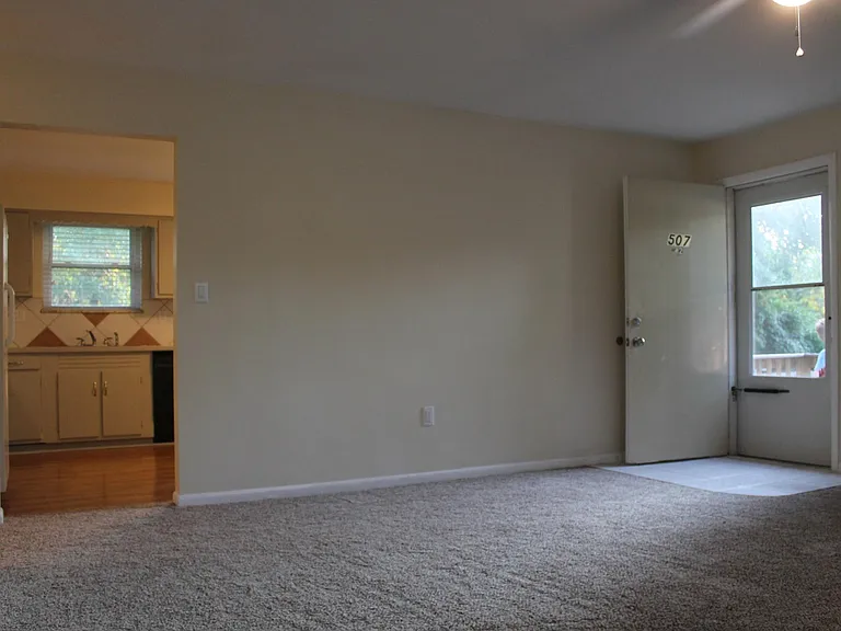 View from living room of main entrance and kitchen
