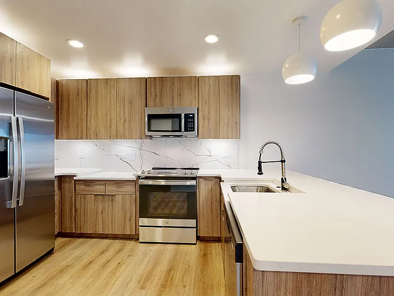 Apartment kitchen with stainless steel appliances, quartz countertops and wood-style flooring.