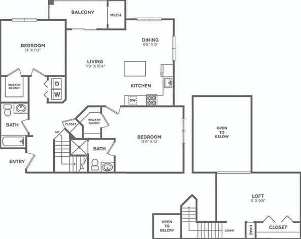 Two Bedroom Two Bath w/Loft (1300 SF) Two Bedroom Two Bath w/Loft (1300 SF)