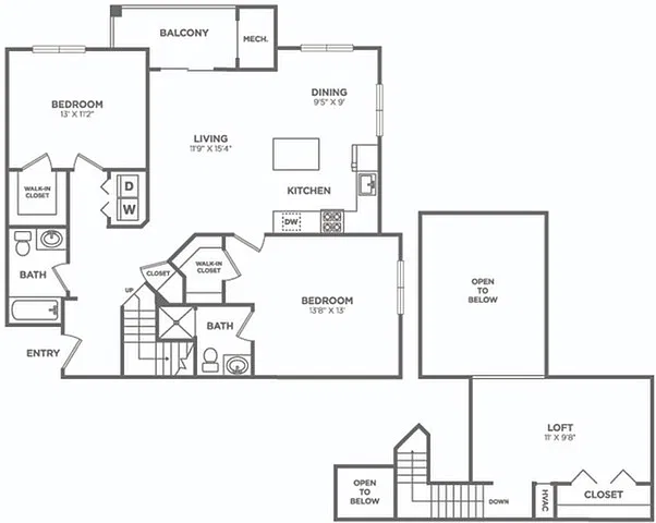 Floor plan Two Bedroom Two Bath w/ Loft (1300 SF)