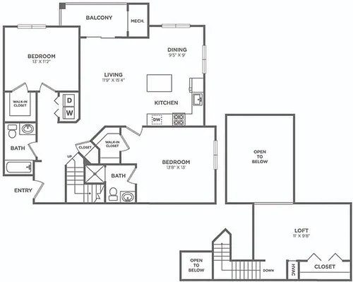 Floor plan Two Bedroom Two Bath w/ Loft (1300 SF)