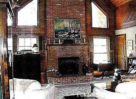 Family room and fireplace : Large windows go to ceiling