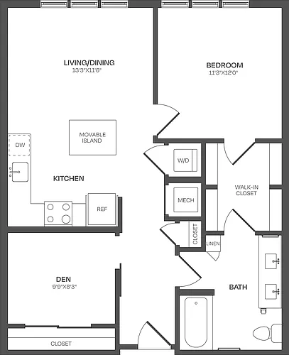 Floor plan 1 Bed/1 Bath Den-B02