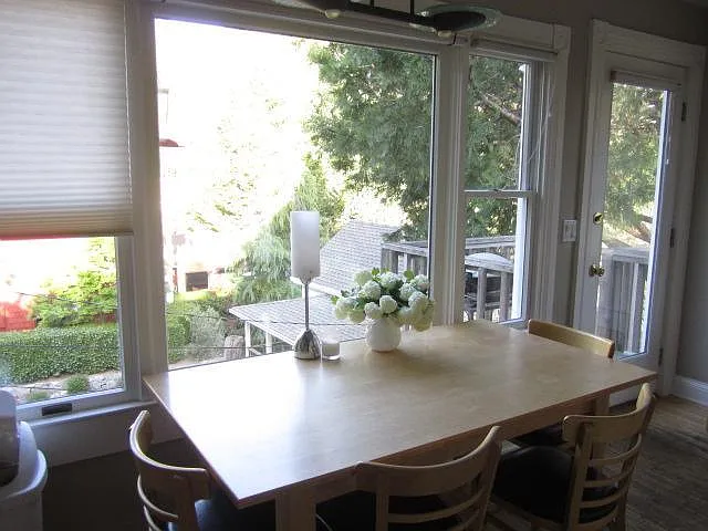 Kitchen table with large windows
