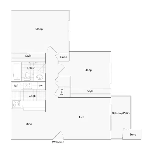 Floor plan 2 BR x 1 BA - A