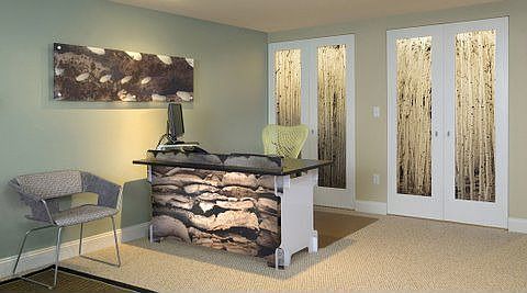 Custom doors, back lit, bringing outdoor elements to the basement work space