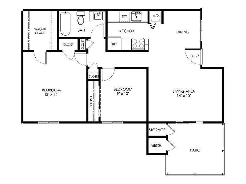 Floor plan 2 Beds and 1 Bath B1
