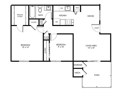 Floor plan 2 Beds and 1 Bath B1