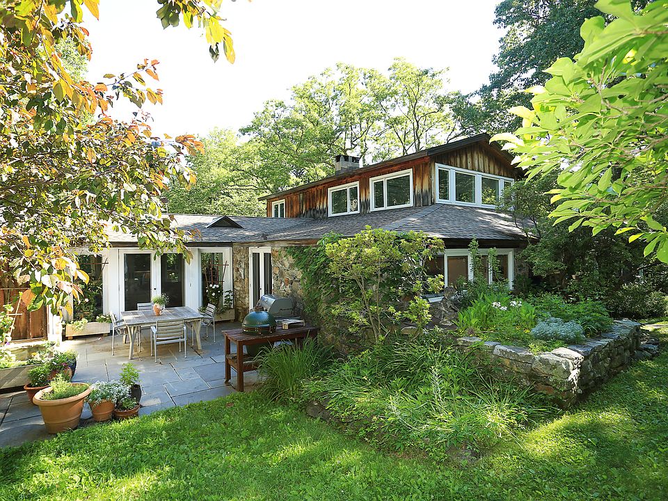 Front of house showing gardens and slate patio