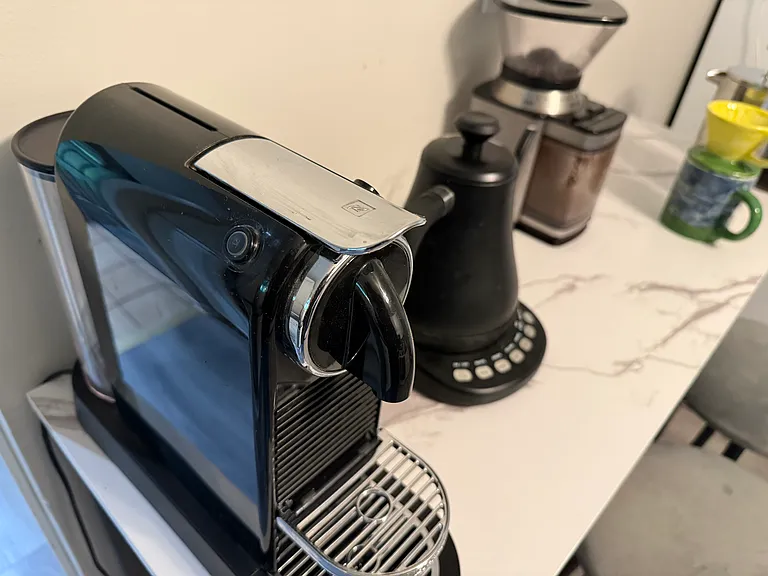 Full coffee and tea bar _ Nespresso with pods, French press, grinder for whole beans, plus teas and everything to brew them