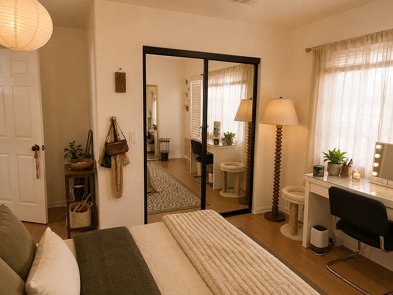 2nd bottom floor bedroom - Virtually staged to showcase the home's layout with furnishings and highlight the potential look and feel of the furnished option.
