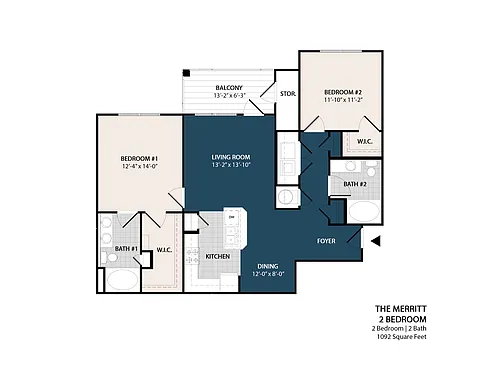 Floor plan 2 Bed 2 Bath - 1,092 Sq. Ft.