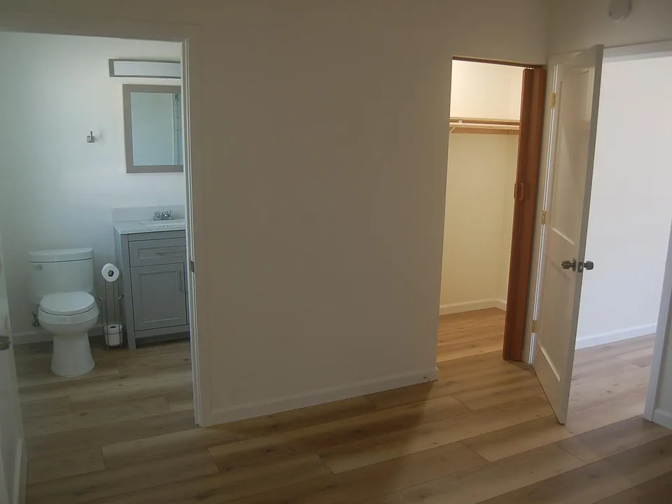 Walk-in closet with shelving & interior lighting.