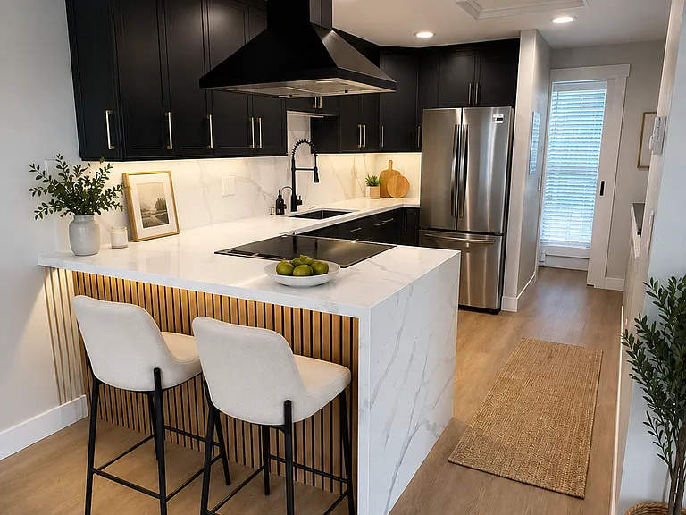 Quartz countertops in kitchen and new appliances