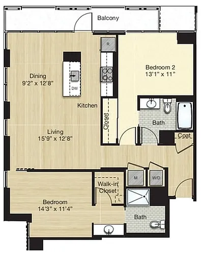 Floor plan Tier 9.1 - 2 Bed/2 Bath w/ Balcony