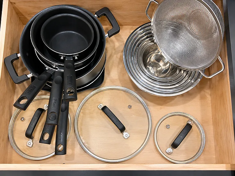 Fully stocked kitchen with quality dishes, glasses, pots and pans, baking sheets, mixing bowls, small appliances, utensils, wine glasses, kids dishes and everything you can think of!