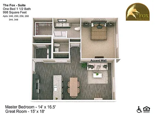 Floor plan Fox - 1 Bedroom, 1.5 Bath - 998 Square Feet