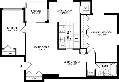 Floor plan 1 Bed/1 Bath Den-A1D