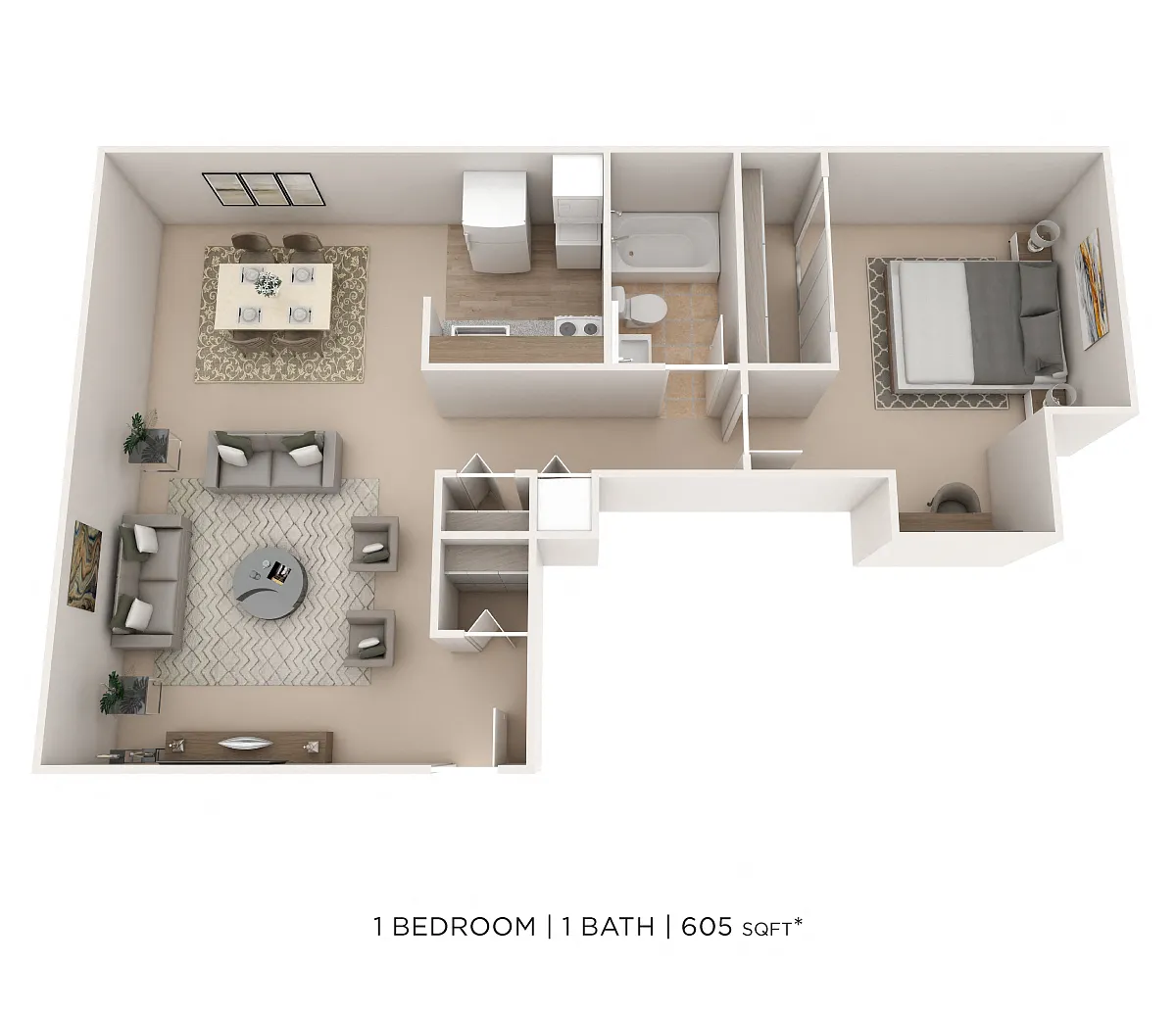 Floor plan One Bedroom- 605 sqft