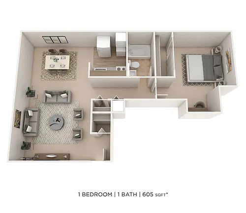 Floor plan One Bedroom- 605 sqft