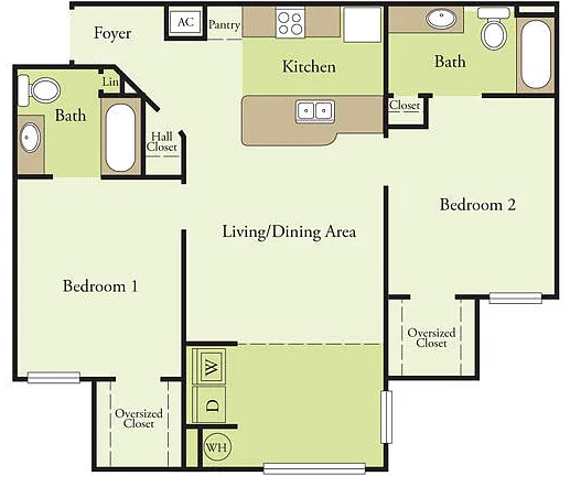 Floor plan 2 Bedroom 2 Bath 60%