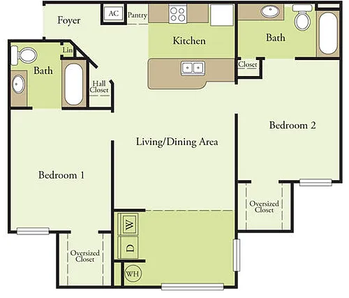 Floor plan 2 Bedroom 2 Bath 60%