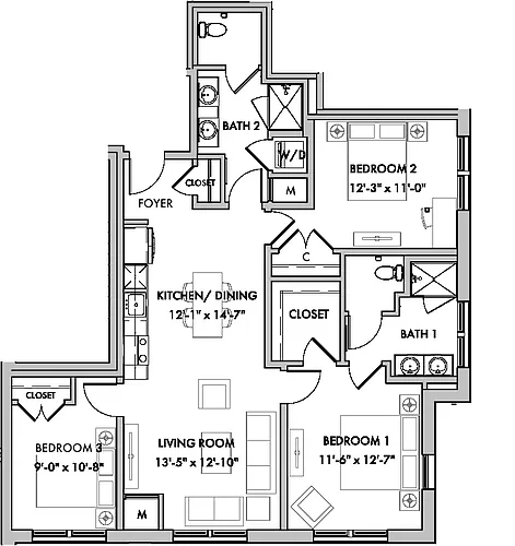 Floor plan Mansions 1 3 Bed/2 Bath-C4