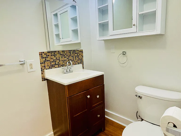 Freshly painted spacious bathroom, new fixtures and storage cabinets
