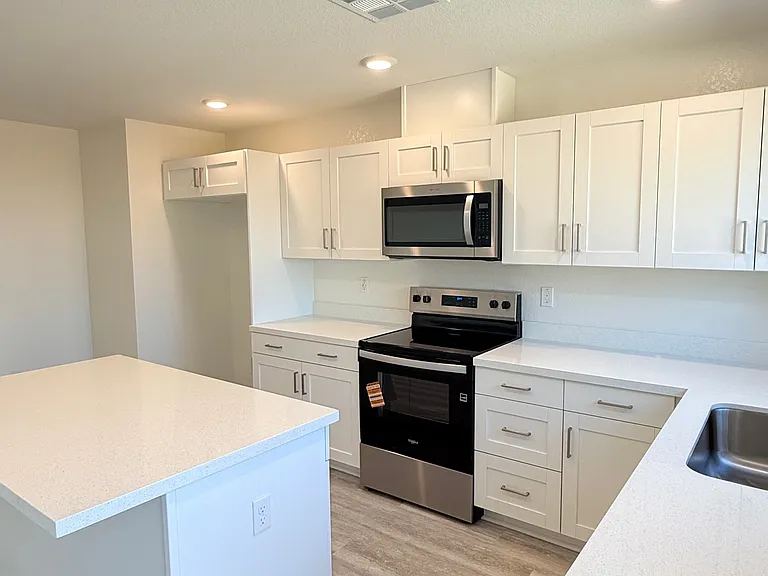 Modern kitchen, all electric appliances with Quartz countertops