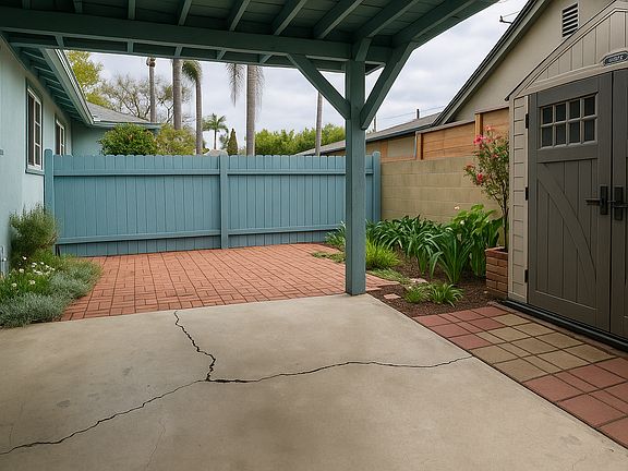 Backyard and covered patio with storage
