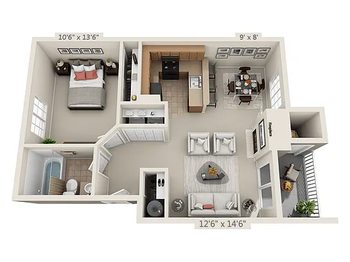 Floor plan 1 Bed, 1 Bath B (80% Income Restricted)
