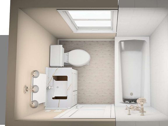 New white vanity, quartz countertop and soaking tub with porcelain tile. Brushed nickel fixtures.