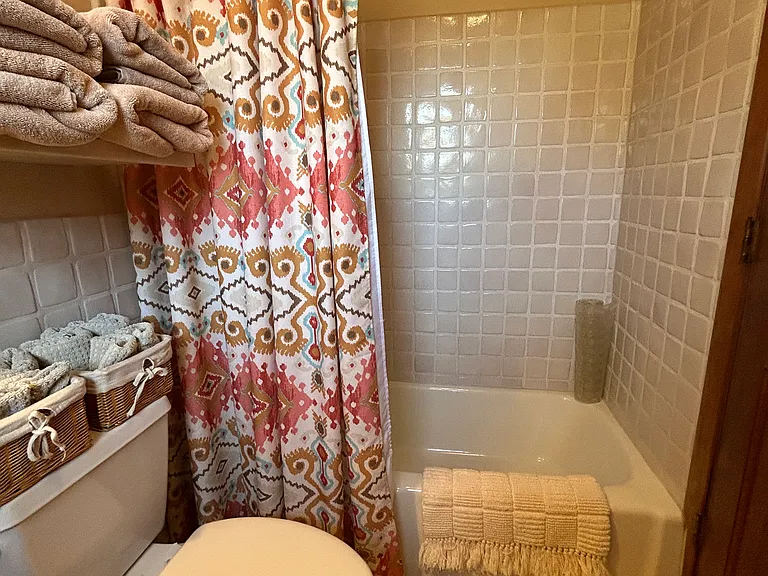 View of shower and toilet.
