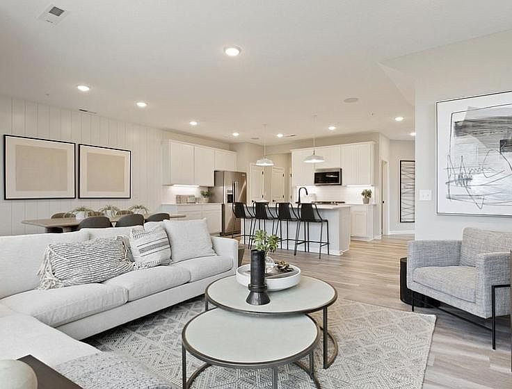 Main level open concept includes gathering area, dining, island eating, powder room and mudroom. Model home pictures for furniture ideas and placement.