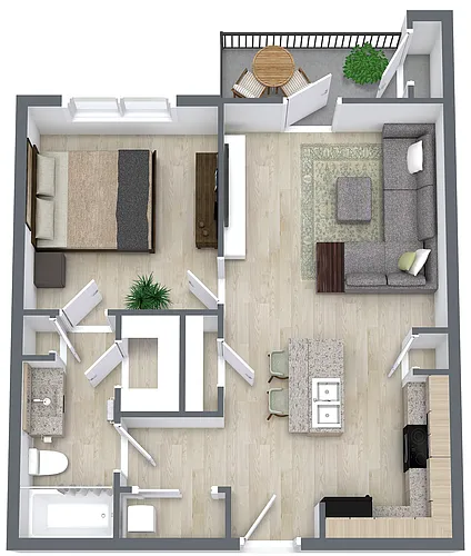Floor plan One Bed/One Bath - 676 sq ft - 60% AMI