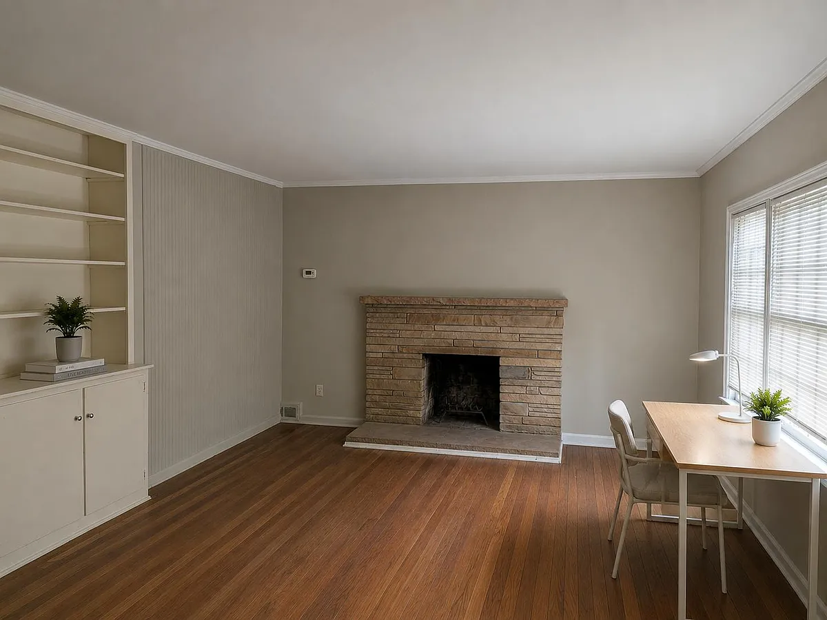 Living area with hardwood floors, built-in shelving, and a masonry fireplace, plus a window-side desk nook for work. - N Stratford Rd NE